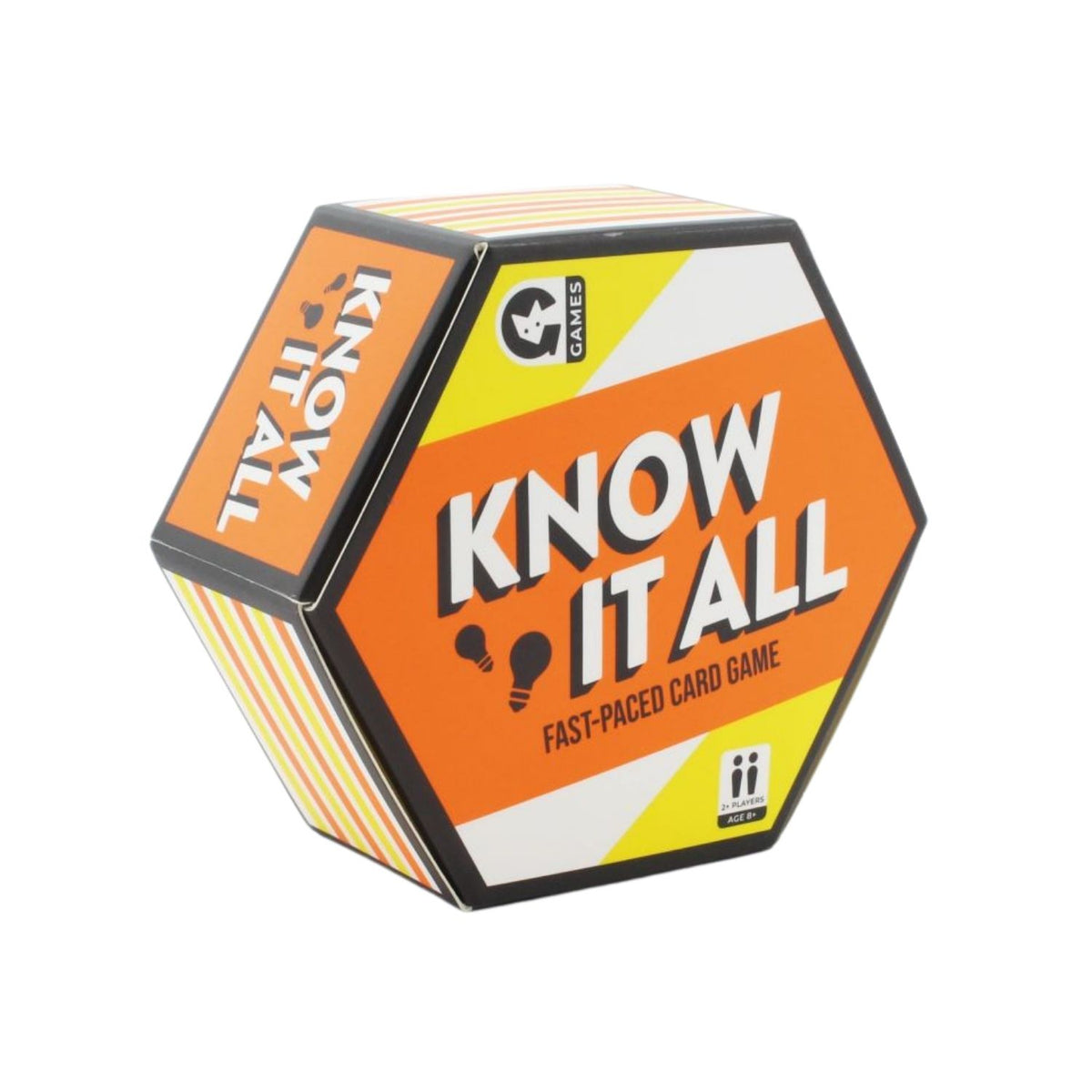 Hexagonal card game box titled 'Know It All' on a white background