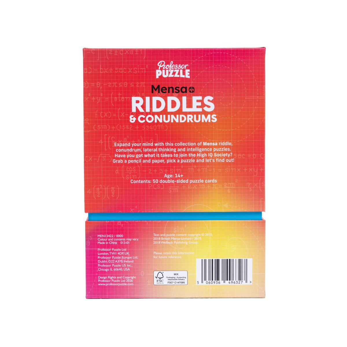 The back of the Mensa Riddles and Conundrums puzzle pack in its sophisticated, branded box