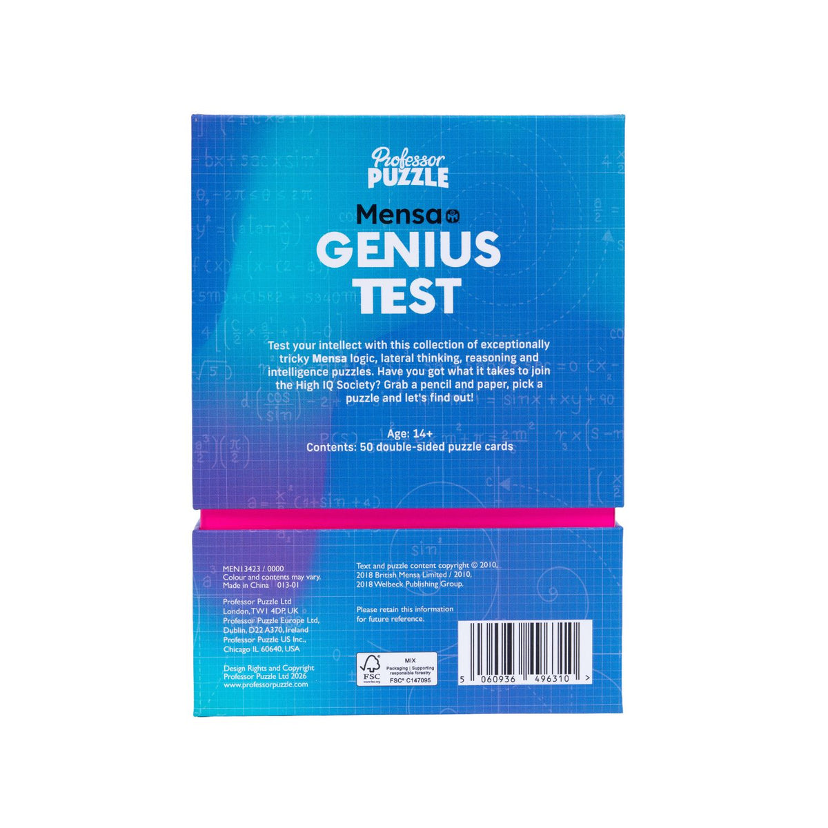 The back of Mensa Genius Test puzzle deck by Ginger Fox, featuring a sleek, authoritative box design with the official Mensa logo and "Genius Test" branding.