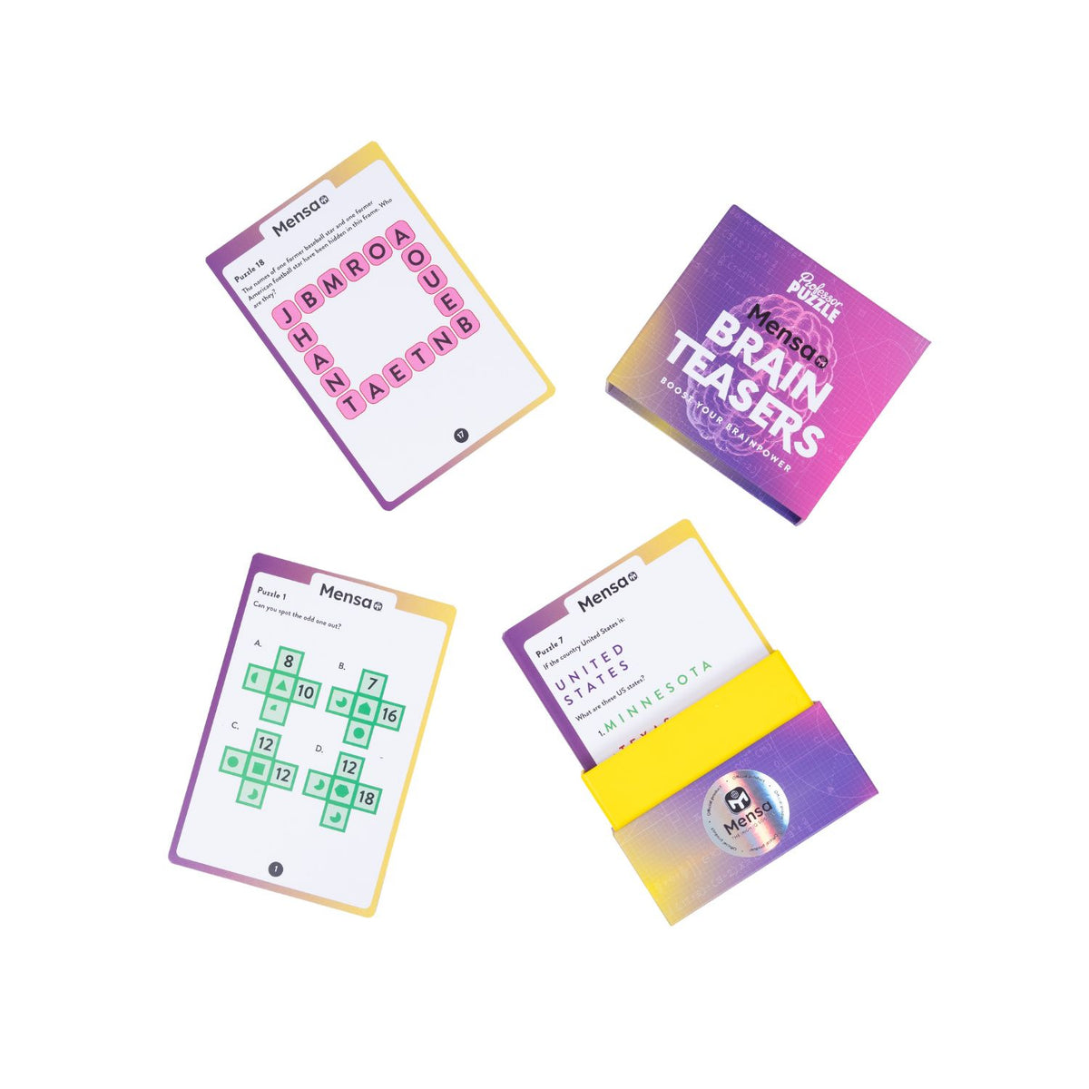 A selection of the 50 double-sided cards fanned out, showcasing a variety of Mensa puzzles including logic, observation, and memory challenges.