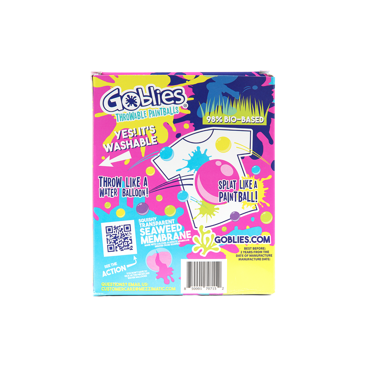 A package of Goblies throwable pink paintballs with several pink balls visible in front of the box. The box is vibrant with splashes of paint, indicating the product's color and playful nature.