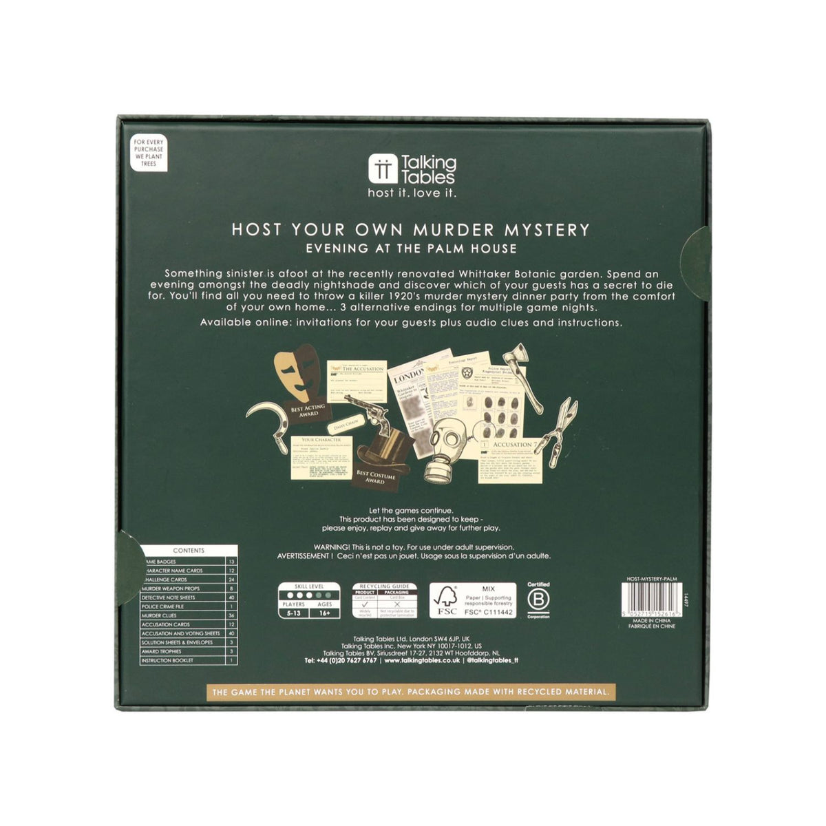 Back of a game box for 'Host Your Own Murder Mystery Evening at the Palm House' by Talking Tables.
