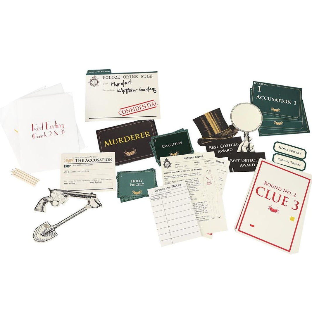 Collection of game components including cards and a bag on a white background