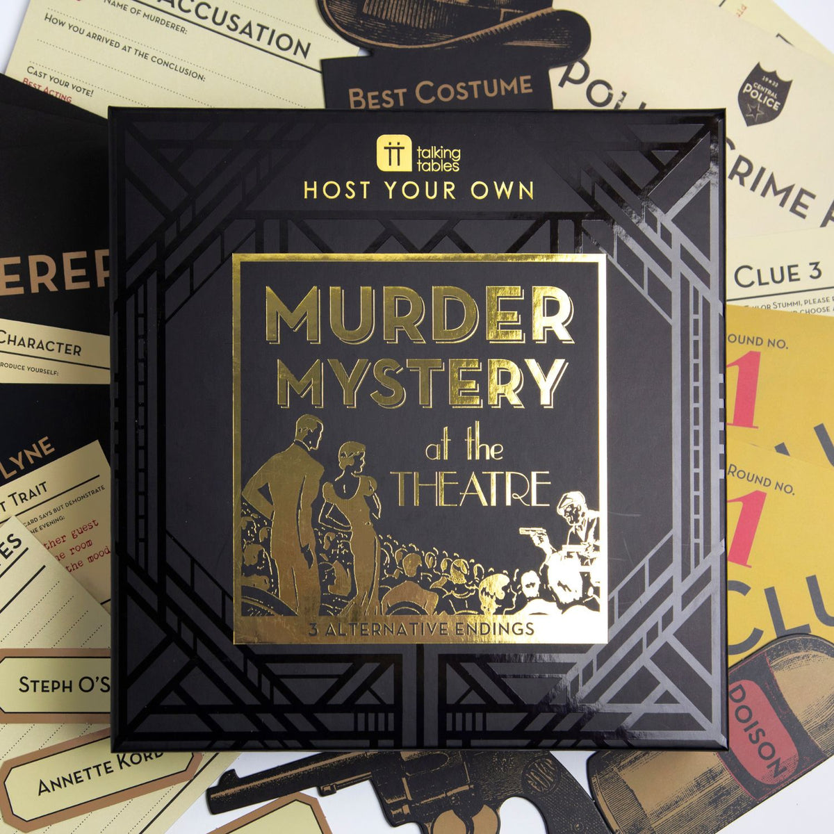Box for 'Murder Mystery at the Theatre' game with vintage-style packaging.