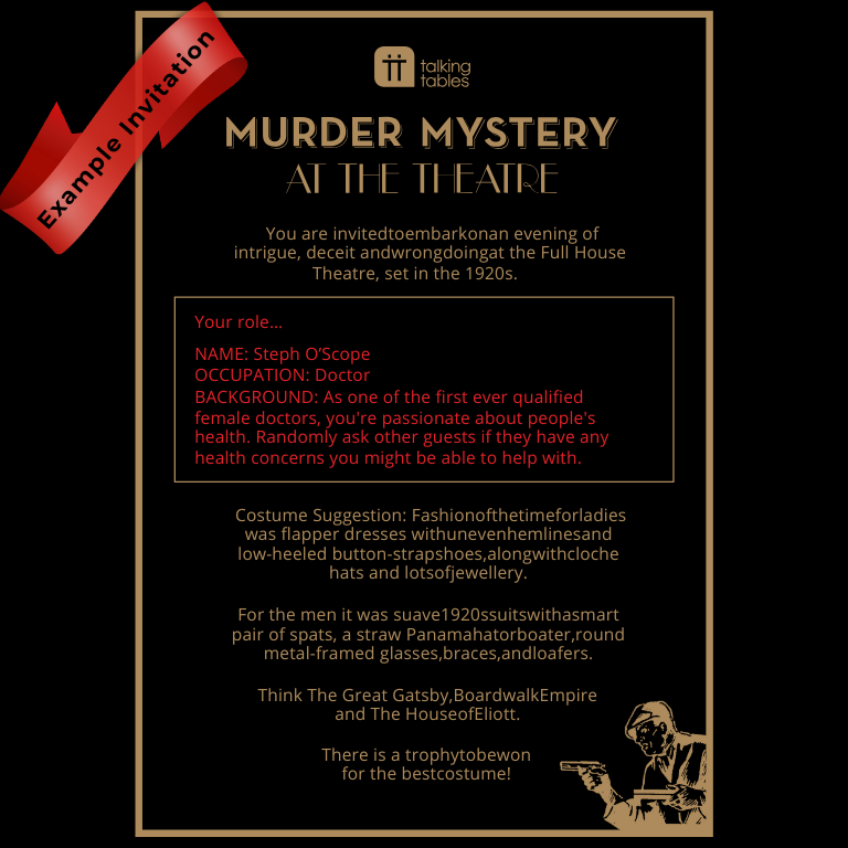Invitation card for a murder mystery event at the theatre with costume suggestions.