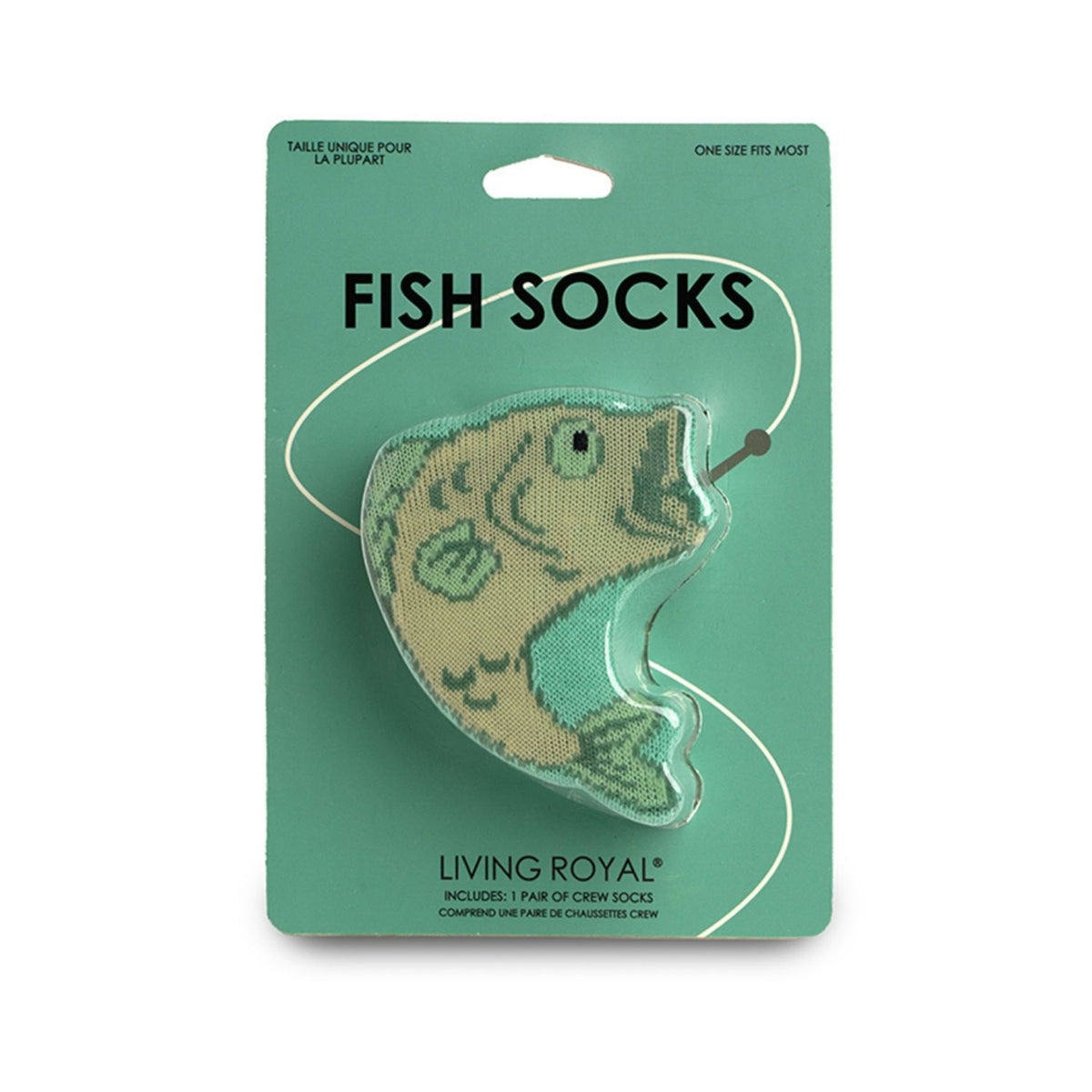 Packaged fish-shaped socks with 'Living Royal' branding on a green background