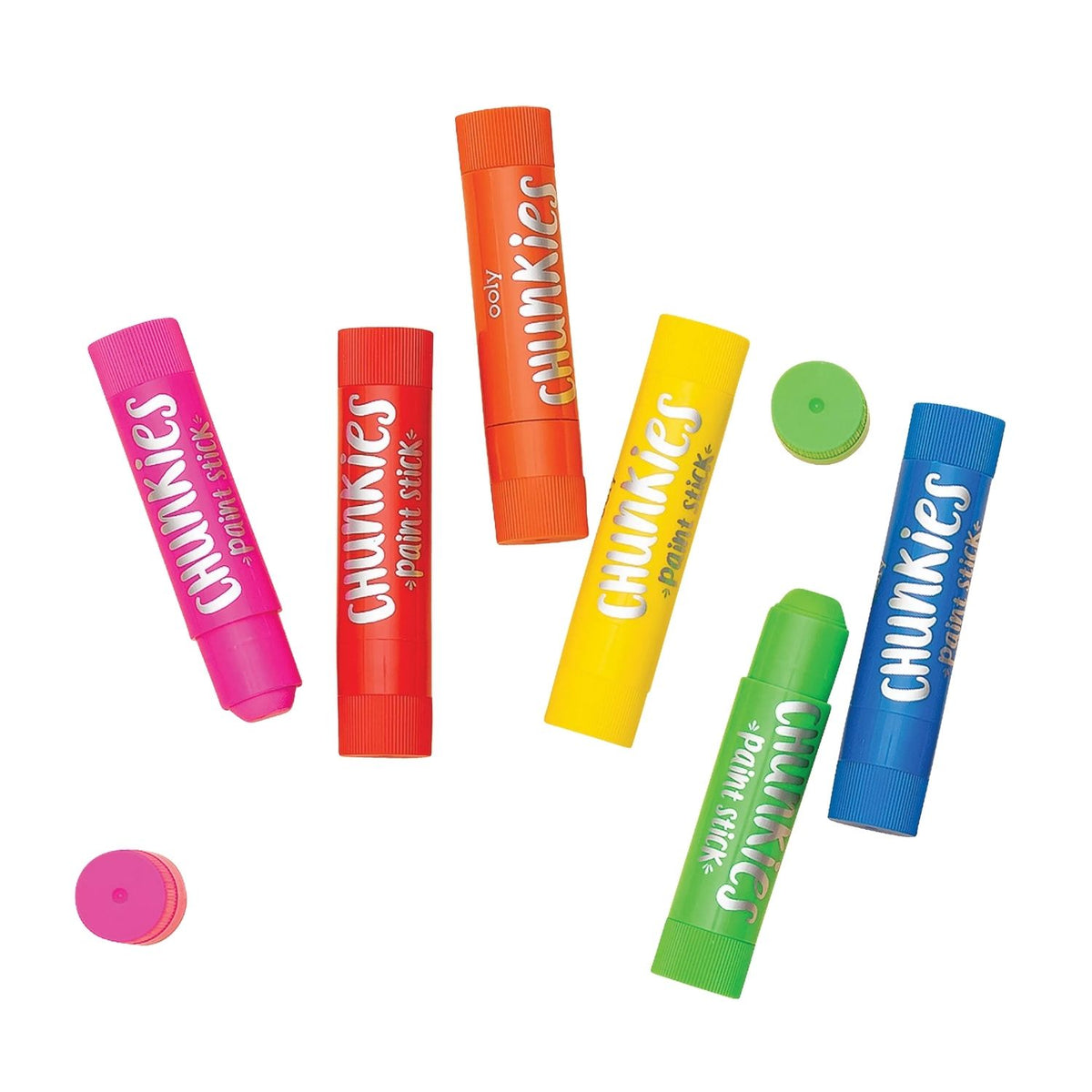 All 6 paint sticks arranged without caps, demonstrating the chunky, ergonomic barrel design built for small hands.