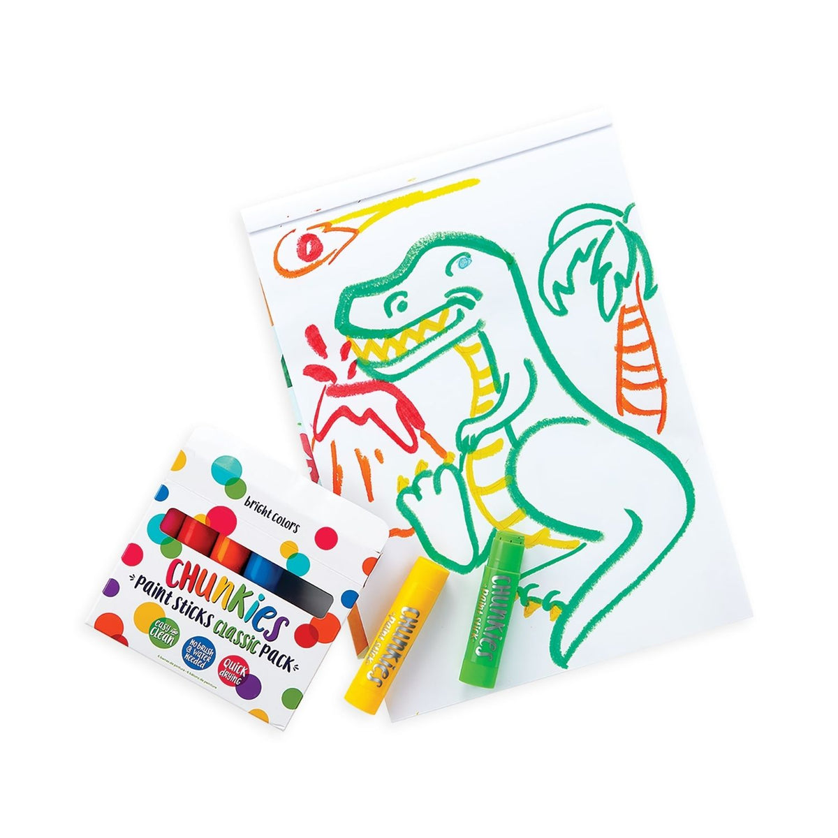 Coloring book with a dinosaur drawing and Ooly paint sticks on a white background