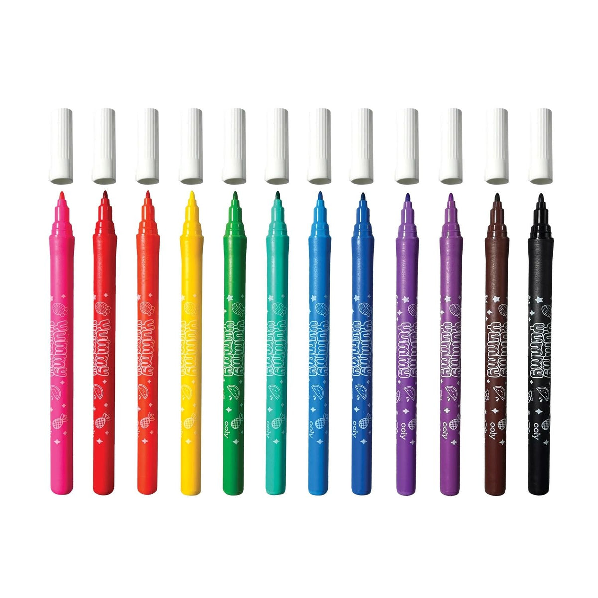 12 rainbow colours with a fruity twist! These markers feature a washable formula for easy cleanup from skin and fabric. Durable tips for home or classroom use.
