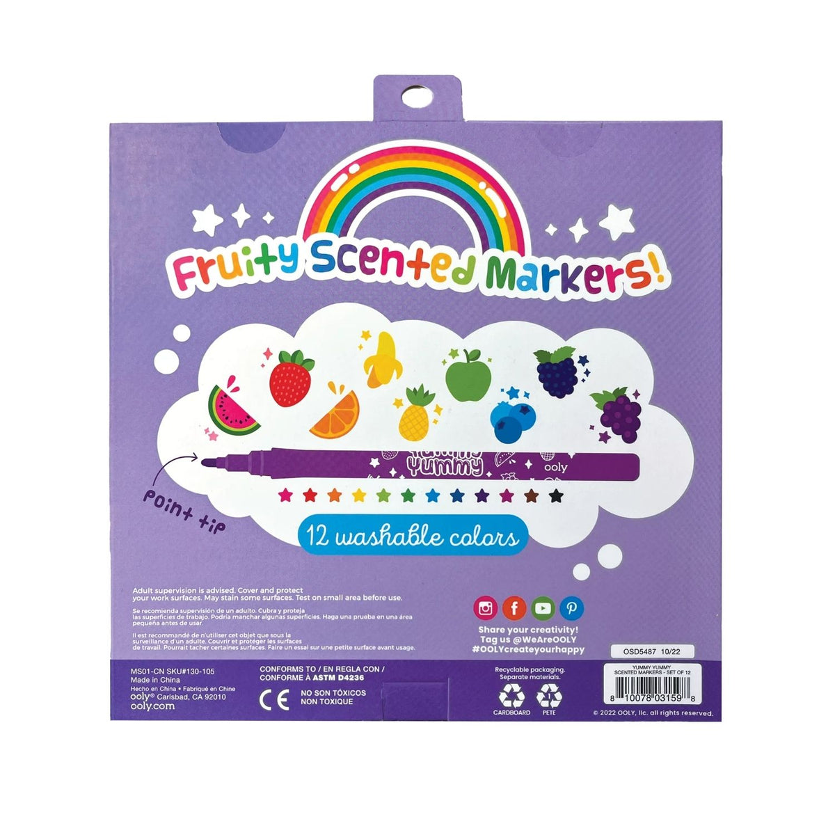 A clear view of the reverse packaging, highlighting the washable ink claims and the list of 12 distinct fruit fragrances.