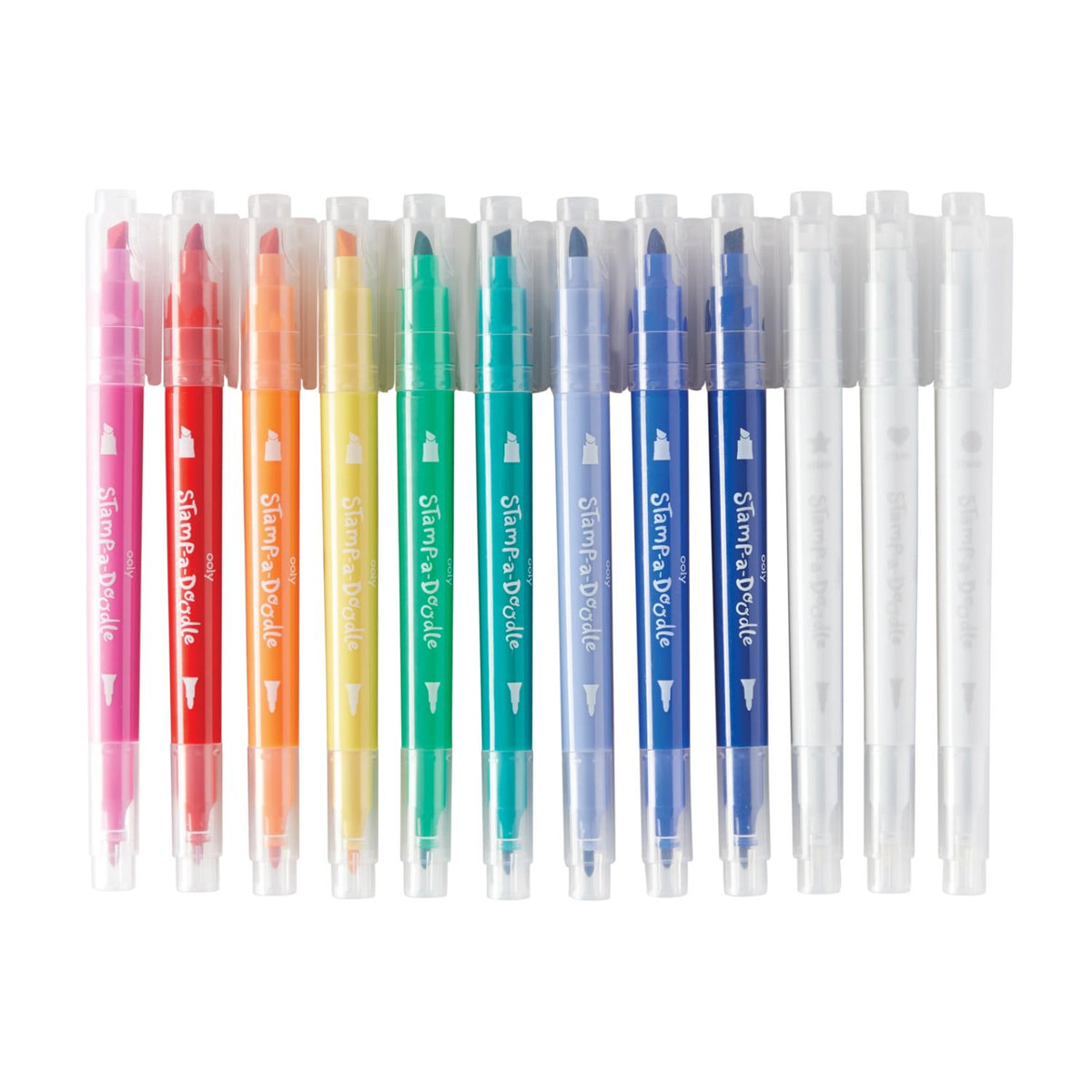 The complete set of 12 markers in a clear retail box, highlighting the dual-ended tips and the three unique colour-changing stampers.