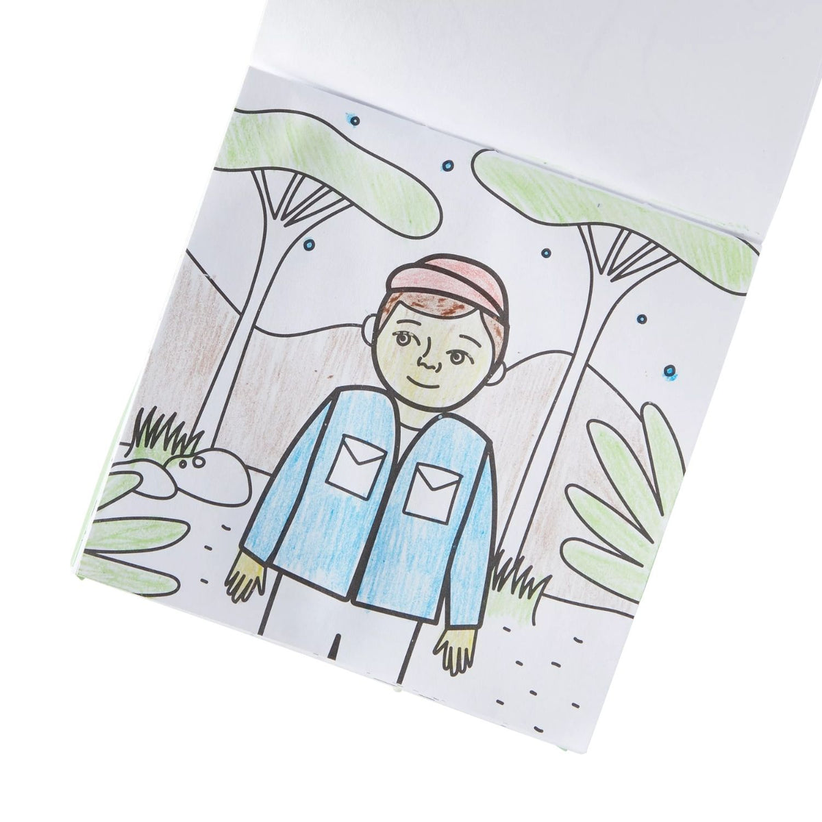 Coloring book page with a child drawing of a person in a blue outfit and pink hat.
