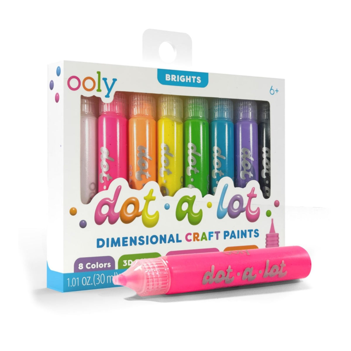 Packaging of Ooly dot-a-lot dimensional craft paints with a pink paint pen in front.