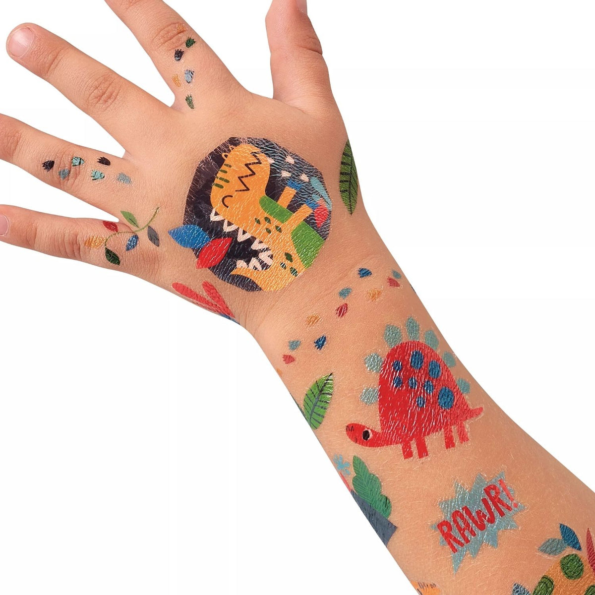 Colourful  dinosaur temporary tattoos on a child's arm and hand 