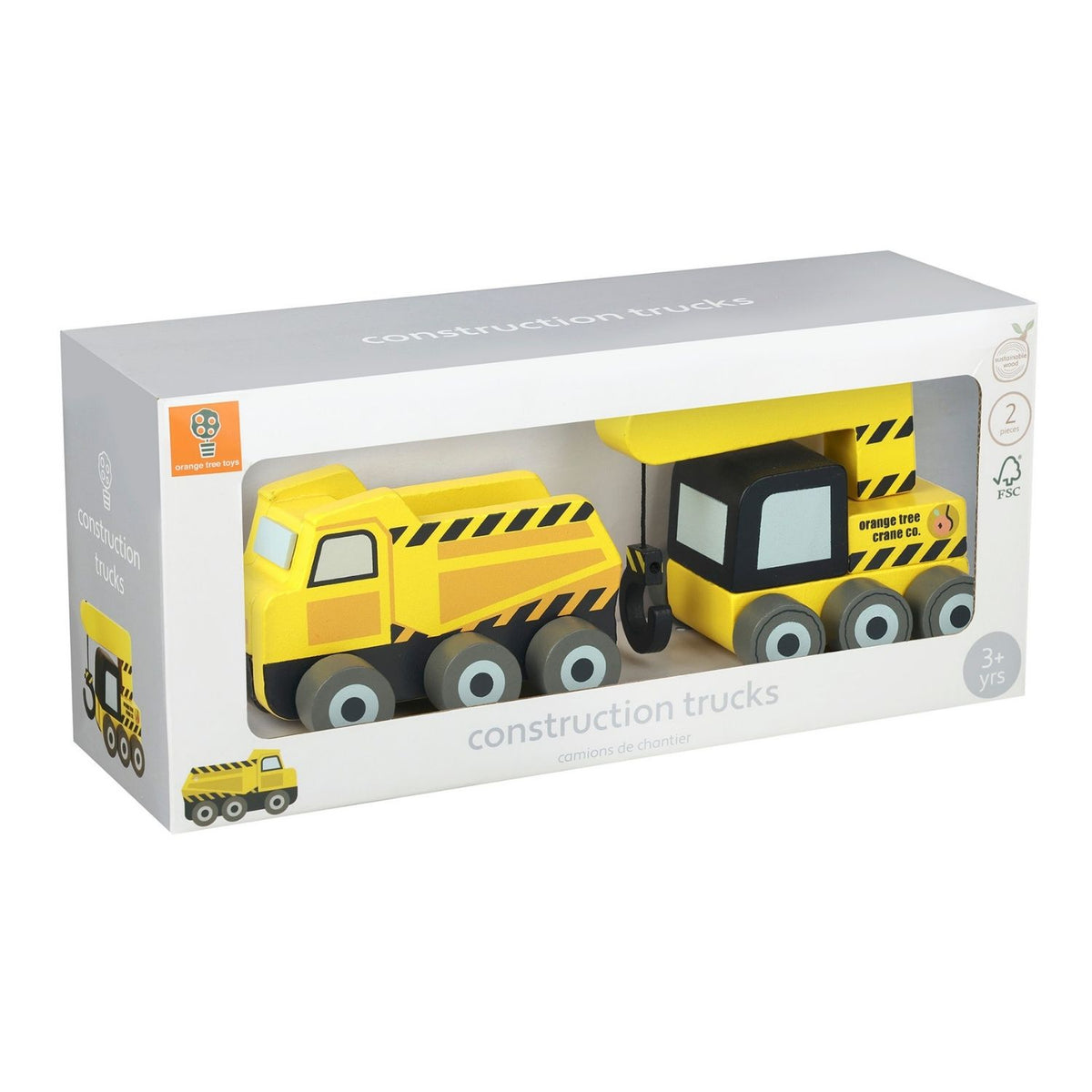 The ultimate 2-piece wooden construction gift set! Includes a crane and hauler truck designed to withstand active toddler play in nurseries and playrooms.