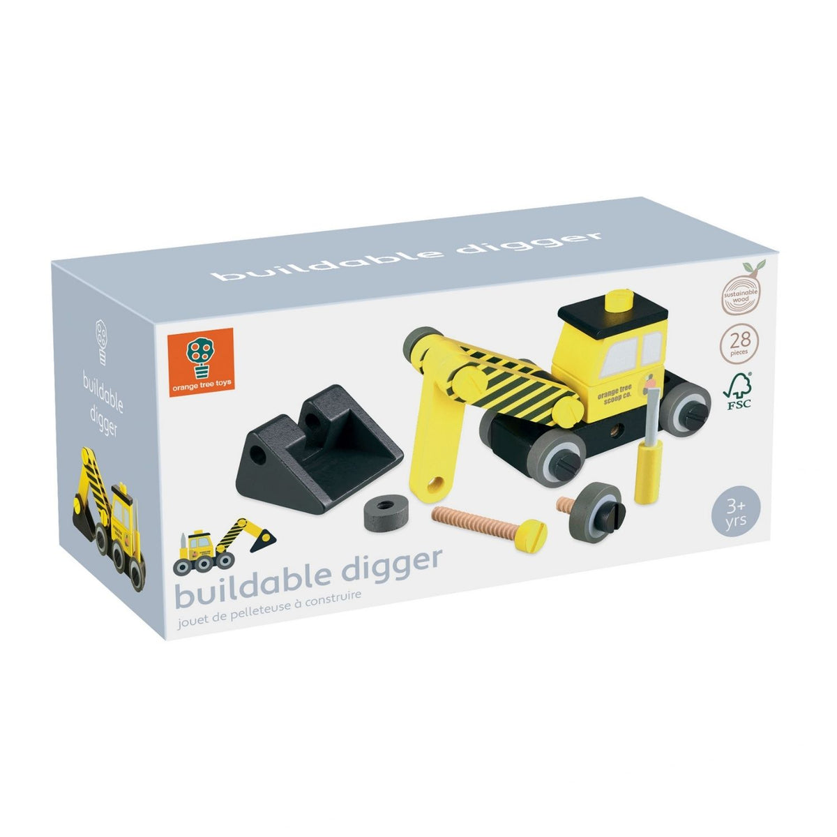 A product packaging shot featuring the Orange Tree Toys Construction Buildable Digger components, showcasing its bright yellow body, black hazard stripe accents, driver cab, and raised movable wooden scoop arm.
