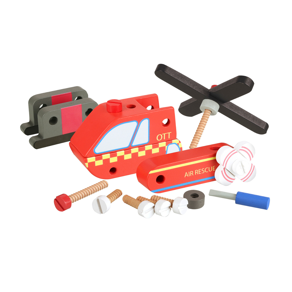 A product shot on featuring the Orange Tree Toys Emergency Services Buildable Helicopter parts, showcasing its brightly painted rescue detailing, landing skids, and spinning top rotor blades.
