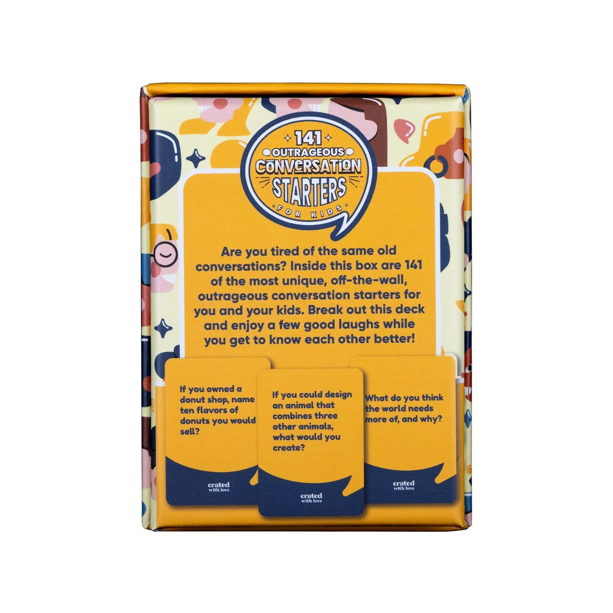 Several cards fanned out to show a sample of the 141 unique questions, highlighting the clear, readable text and quirky layout.