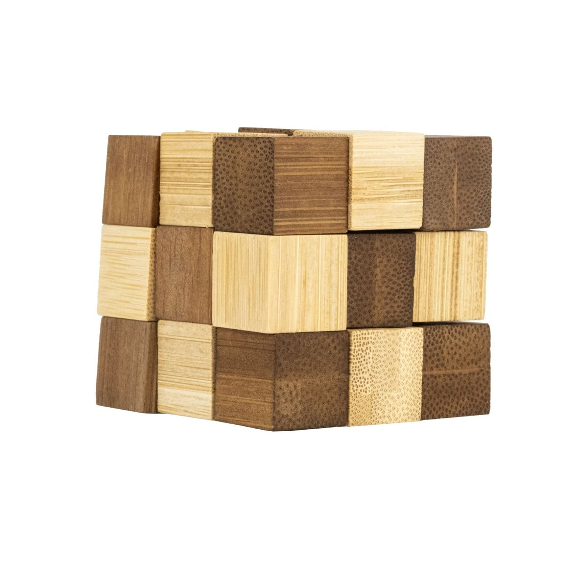 Wooden block puzzle with checkered pattern showing the natural wood grain and diverse disassembly designs of each puzzle.