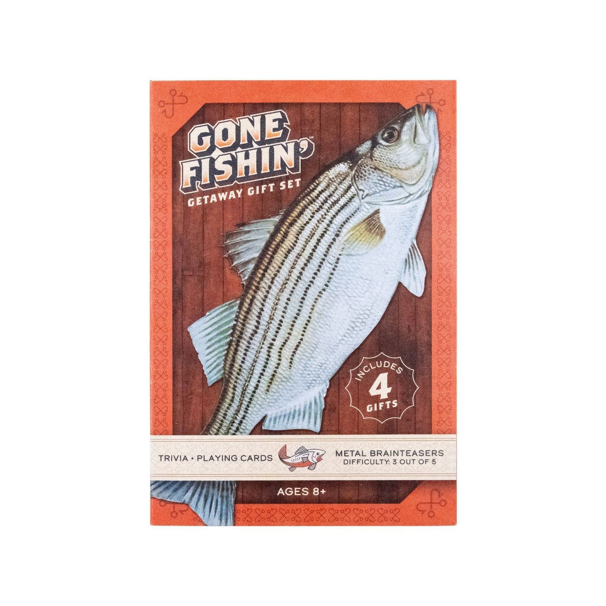 The Gone Fishin’ Getaway Gift Set displayed in its stylish, book-style case, showing the metal puzzles and card decks neatly arranged inside.