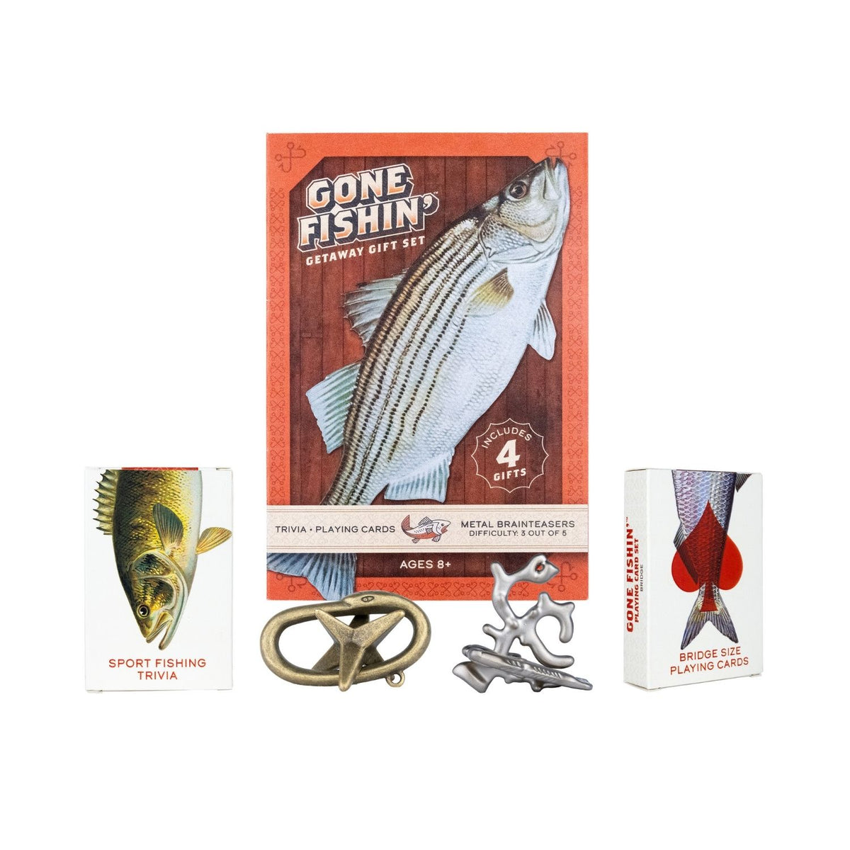 The Gone Fishin’ Getaway Gift Set displayed in its stylish, book-style case, showing the metal puzzles and card decks neatly arranged inside.