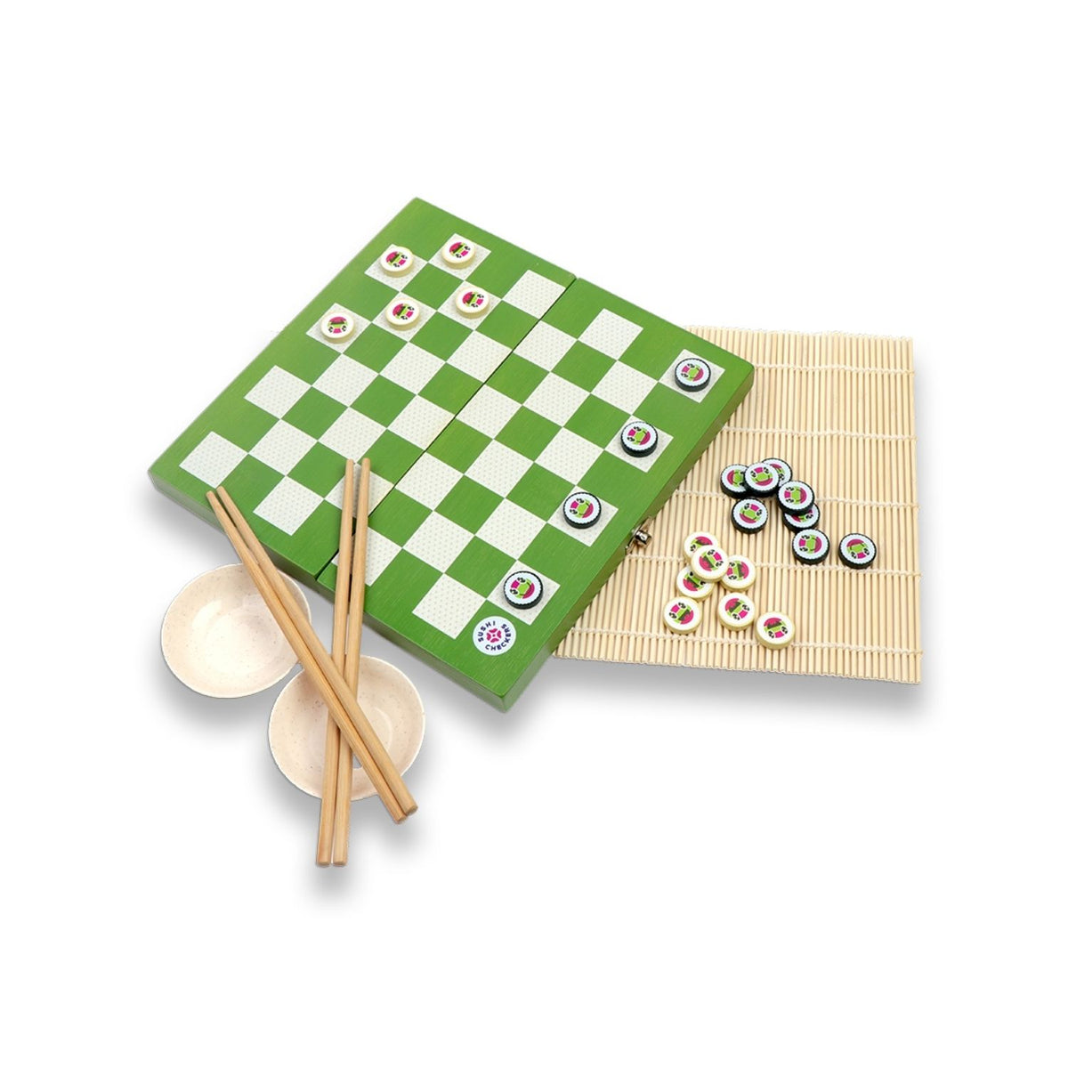 The colourful box for Sushi Checkers, highlighting the two-player format, age eight plus recommendation, and the included sushi-making kit.