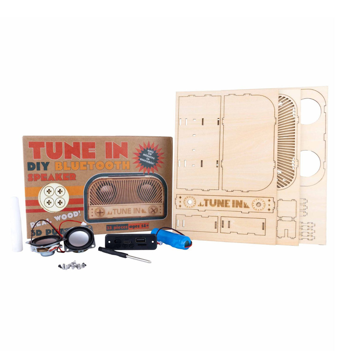A 32-piece DIY Bluetooth speaker kit featuring precision-cut wooden panels and electronic components, designed with a retro 1950s aesthetic.