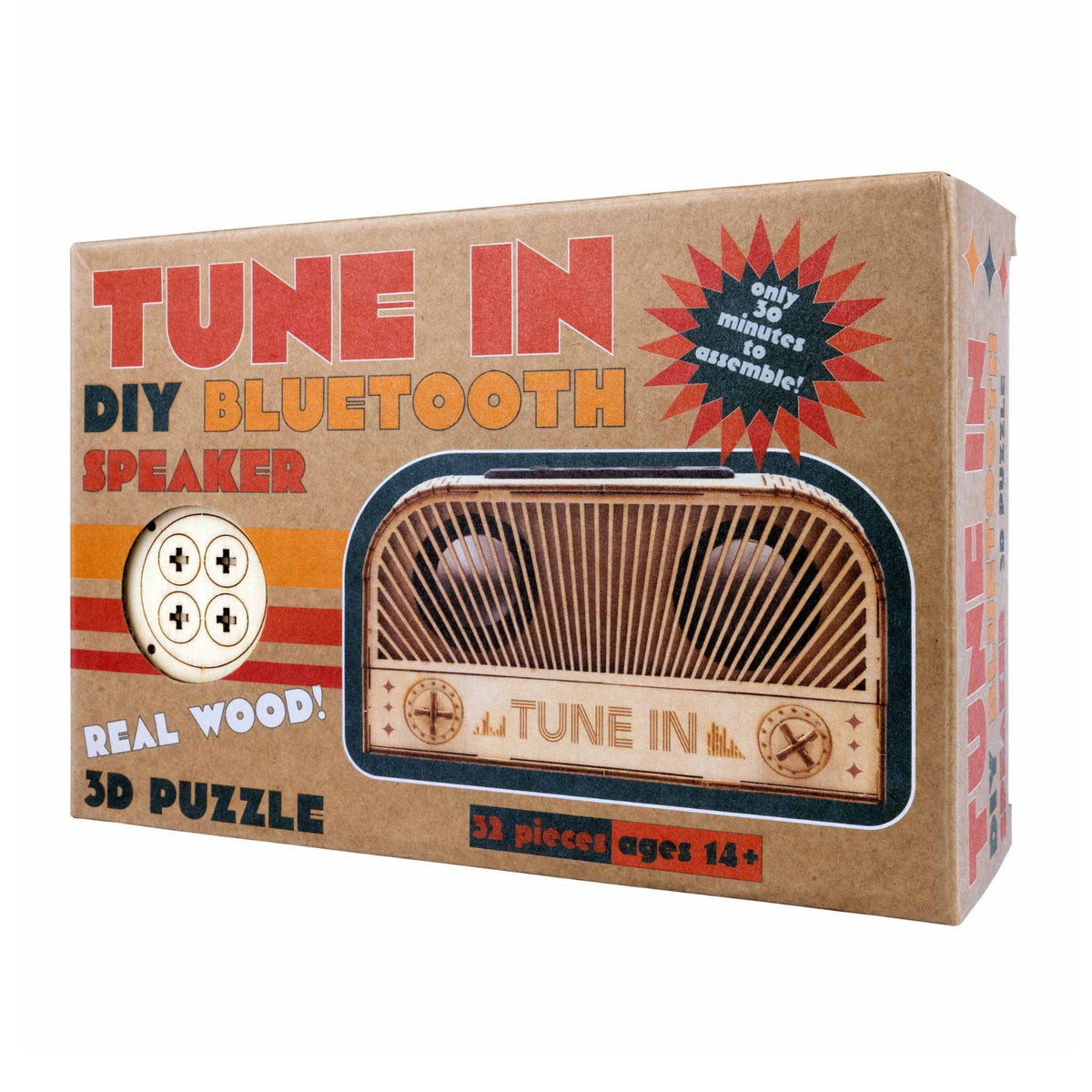 A rewarding STEM project for teens and makers. Assemble 32 precision-cut pieces to create a 1950s-inspired wooden speaker building set that connects to your phone.