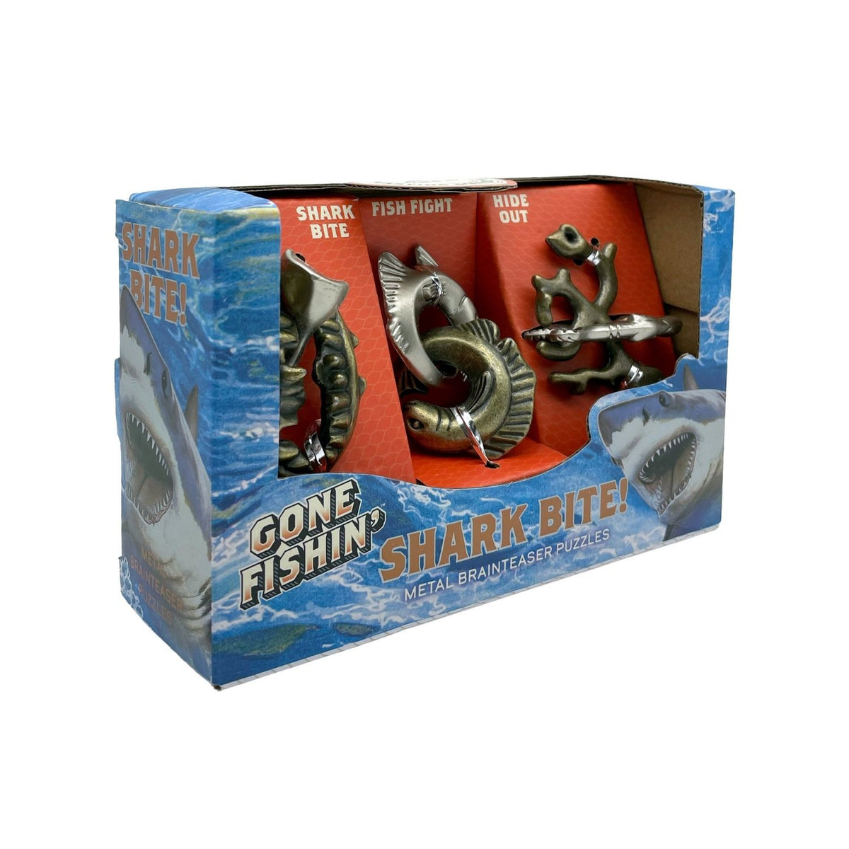 Gone Fishing Shark Bite metal brainteaser puzzles in packaging