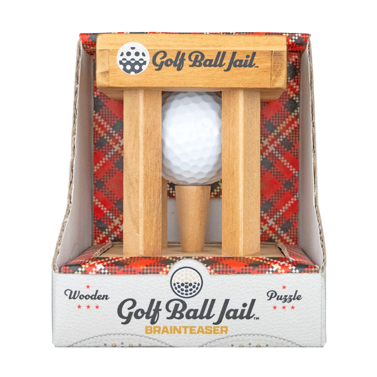 A product packaging shot featuring the Project Genius Golf Ball Jail, showing the solid wooden cage frame holding a real golf ball trapped behind printed bars.