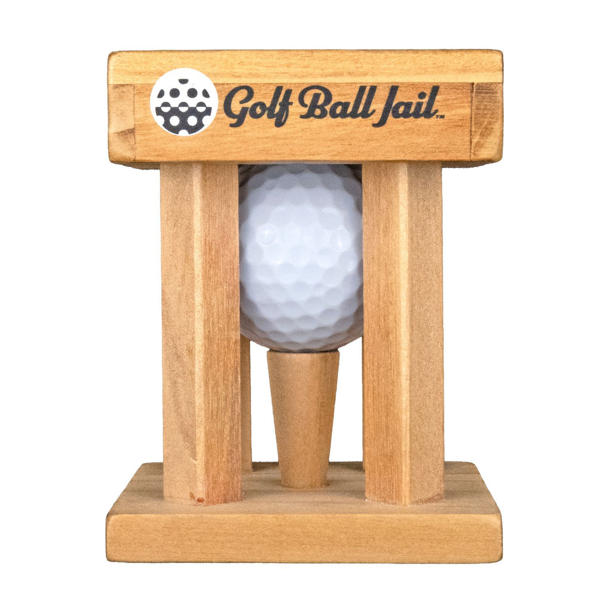 A wooden golf ball puzzle with the 'Golf Ball Jail' logo, holding a white golf ball on a tee.