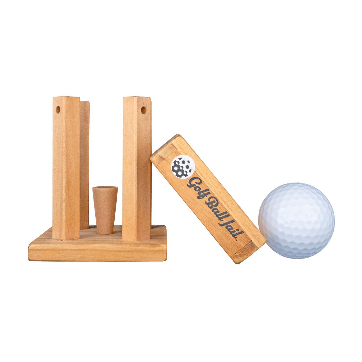 The Project Genius Golf Ball Jail, showing the wooden frame's joinery, the trapped golf ball, and the subtle mechanical elements used to unlock the cage.