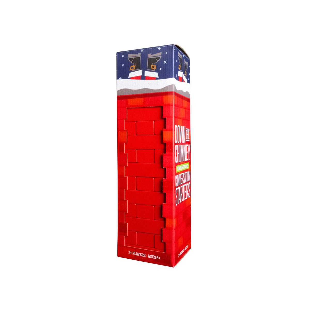 he Down the Chimney tumbling tower game standing tall on a table, showcasing its bright red wooden bricks next to its unique, chimney-shaped retail box.