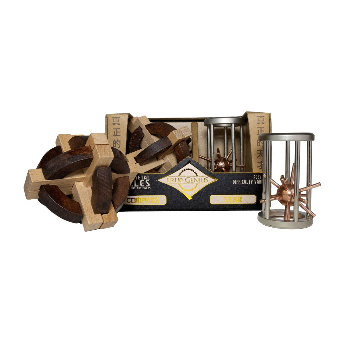 Explore celestial history with these ancient navigation brainteasers. Includes a metal star-in-cage puzzle and a wooden compass challenge. Ages eight and up.