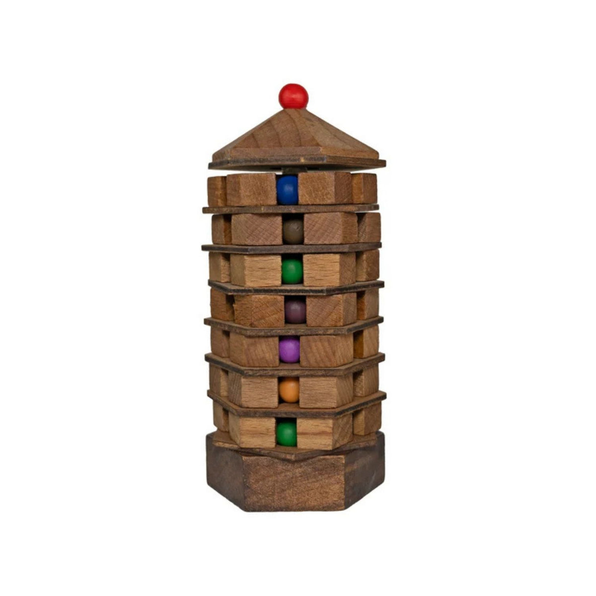 A multi-tiered wooden Chinese Pagoda puzzle featuring a rotating tower design and internal colored balls, inspired by 5th-century architecture.