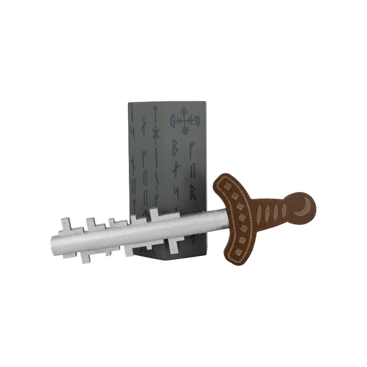 The metal sword fully removed from the wooden stone base, illustrating the successful completion of this level three disassembly puzzle.