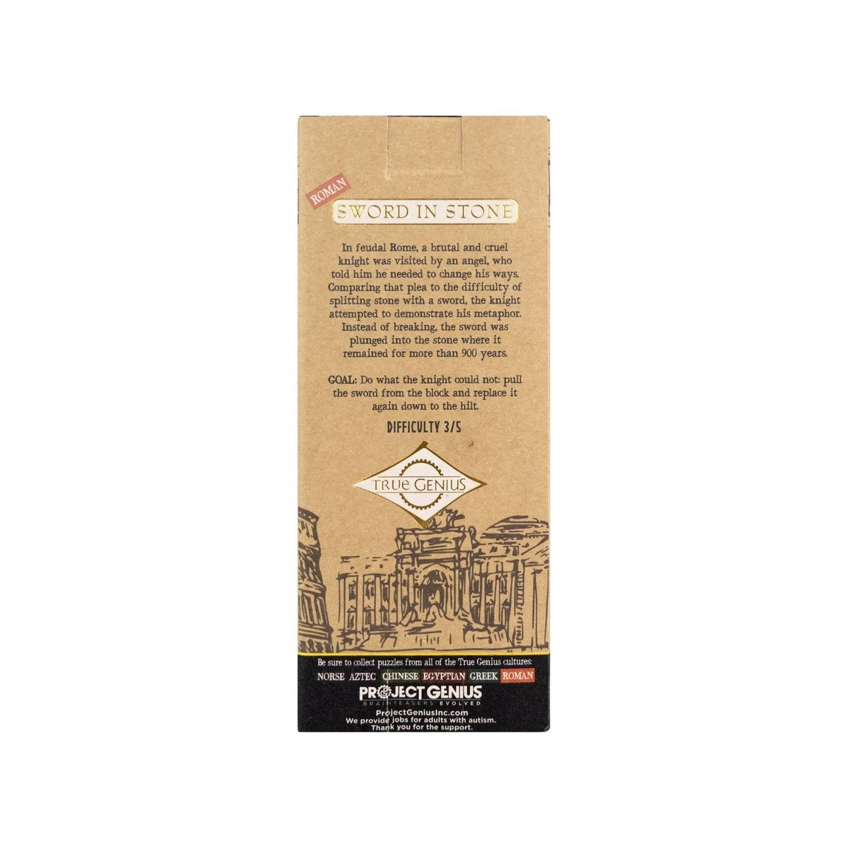 Product packaging with text showing a spatial reasoning medieval brainteaser. Twist the hilt to release the blade. A level three challenge for ages eight and up.