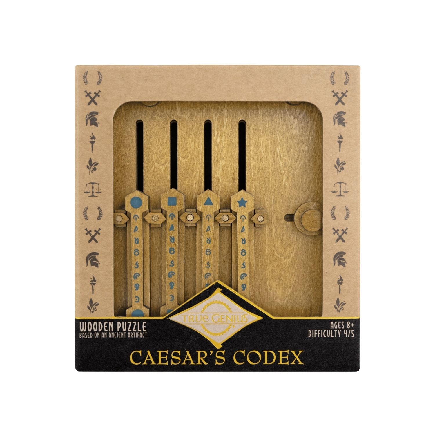 A wooden Caesar’s Codex puzzle designed to look like an ancient bound book, featuring painted Roman symbols and sliding lever mechanisms.