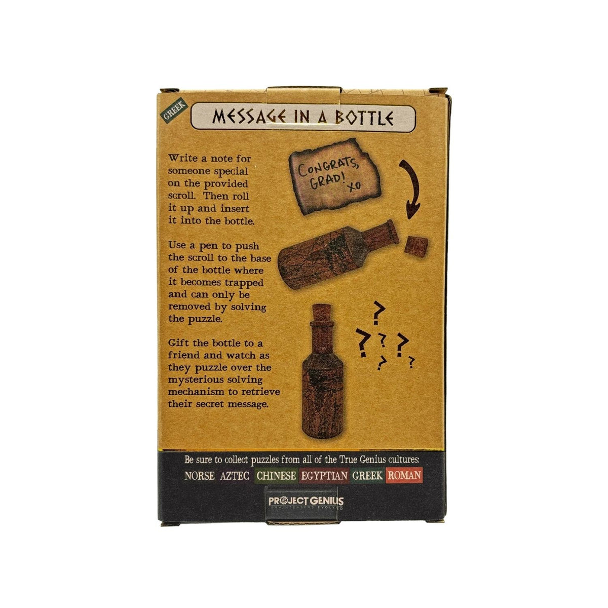 Message in a bottle puzzle packaging with instructions and illustrations showing the challenge and mechanism