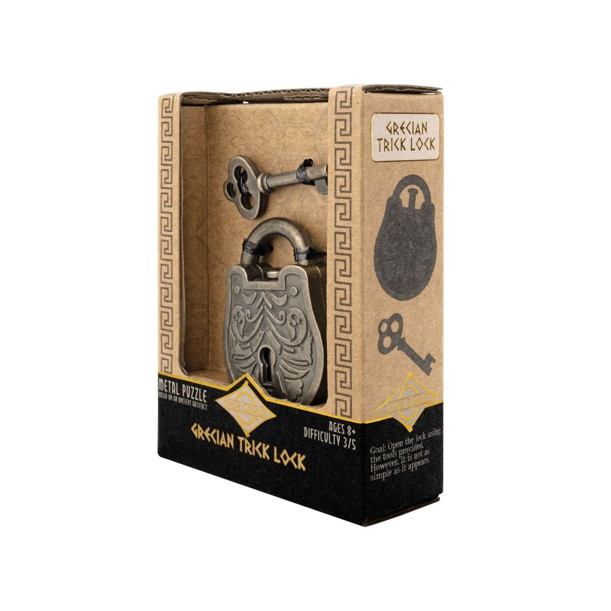 Grecian Trick Lock is a deceptive brainteaser padlock for ages eight and up. Use the provided tools to solve the hidden mechanism. A level three challenge with a Grecian theme.