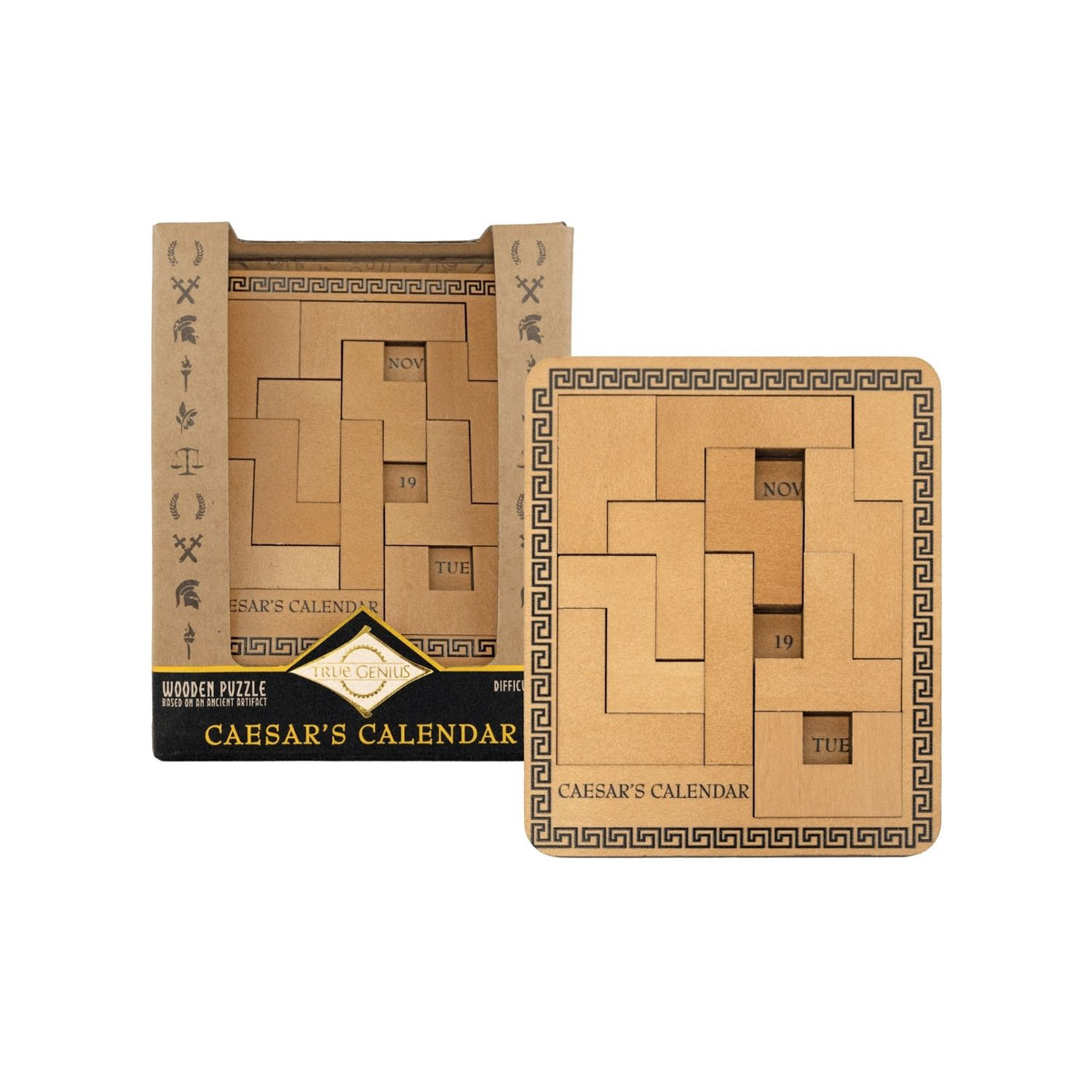 Wooden puzzle inspired by the Julian calendar, this Roman history puzzle for ages eight and up requires you to fit pieces to display the date.