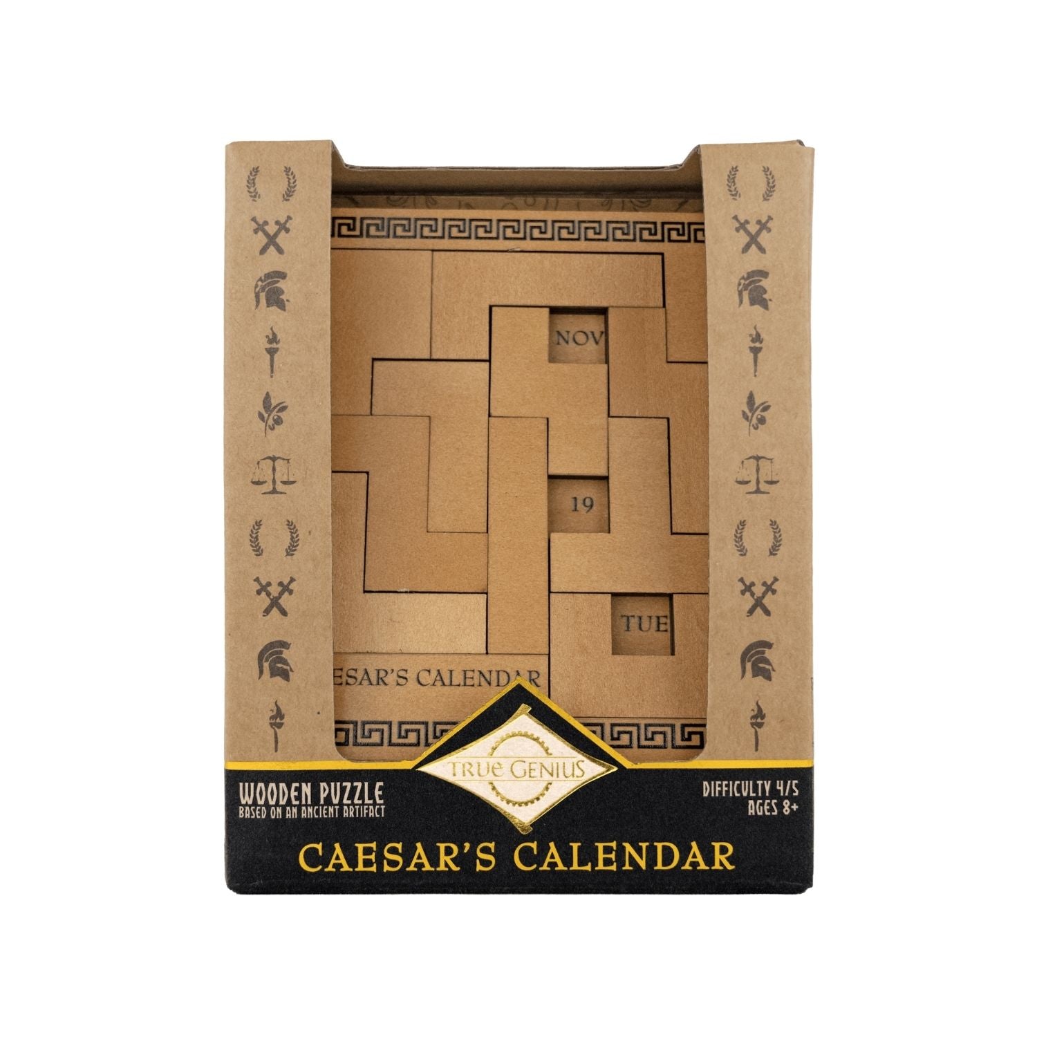 A wooden Caesar’s Calendar puzzle board with carved months and days, featuring various geometric pieces used to frame the current date.