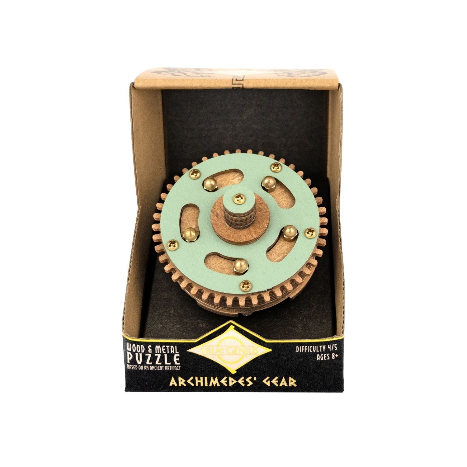 Archimedes' Gear Wooden and metal sequential mechanics puzzle brainteaser