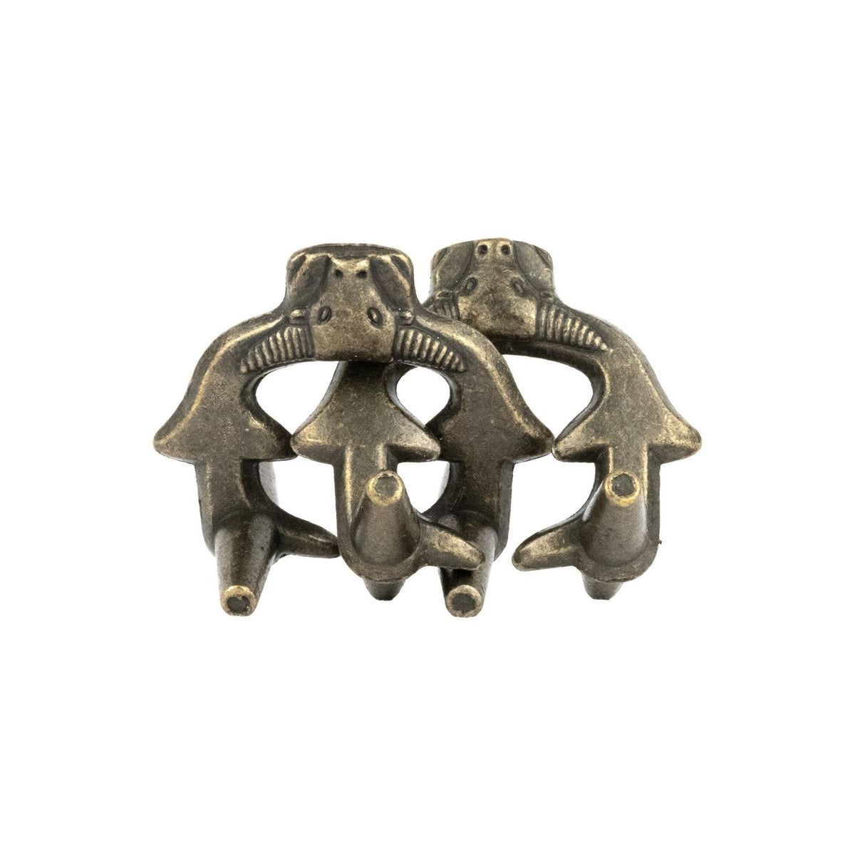 Forging Tongs Detail: Two interlocking metal pieces shaped like traditional Viking blacksmith tongs, part of a level three to five difficulty brainteaser puzzle set.