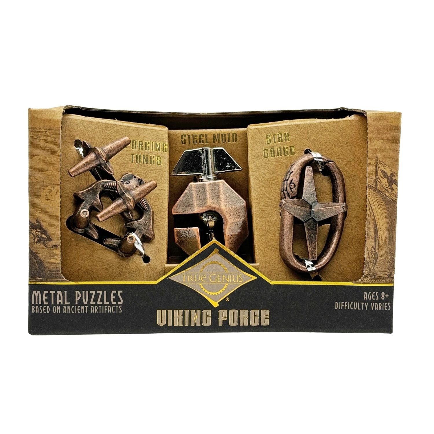 Box of Viking Forge metal puzzle set to explore Norse history. Includes three metal disassembly challenges: a star, a mold, and tongs.