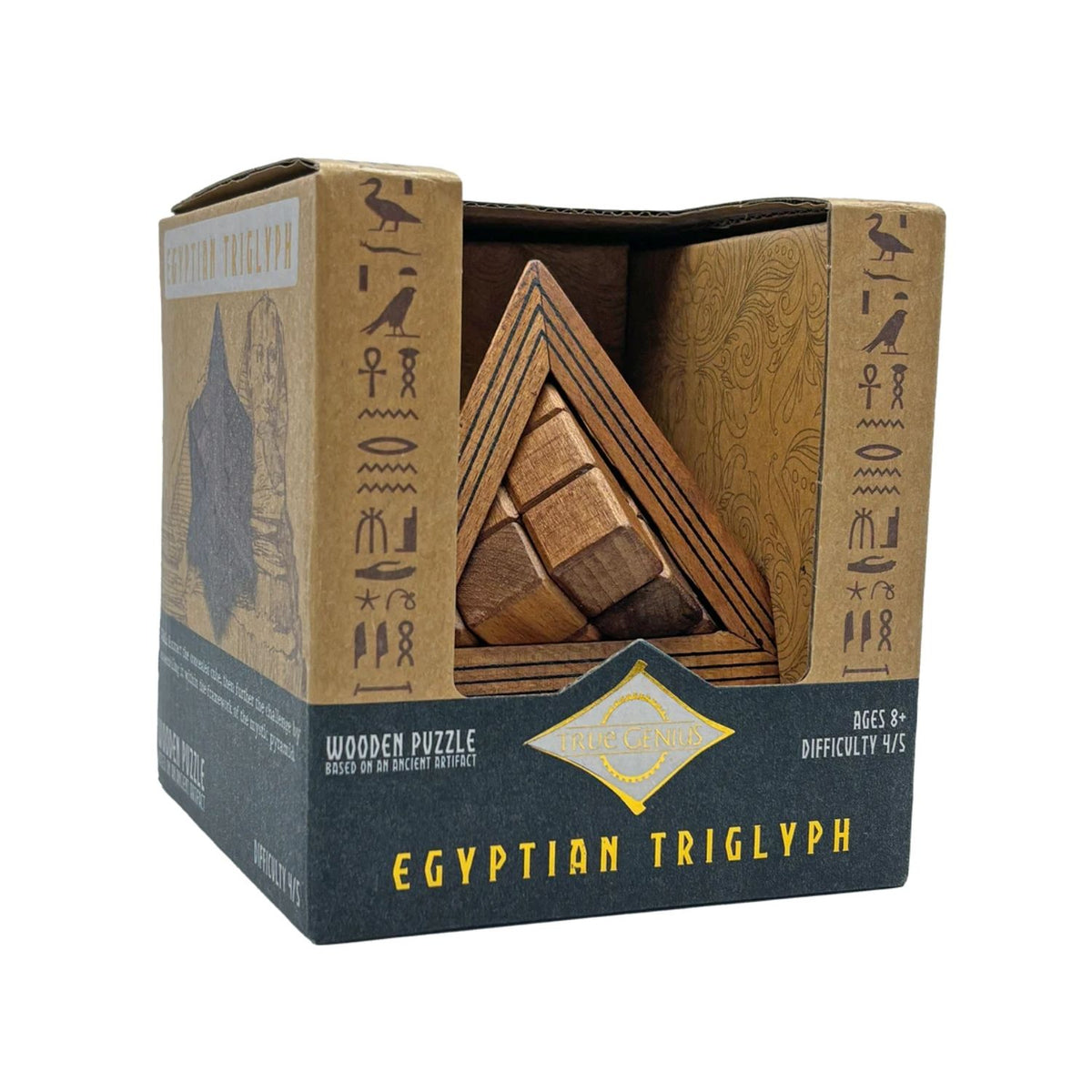 The retail box for the Egyptian Triglyph by Project Genius. An educational assembly puzzle with seven pieces. For ages eight and up