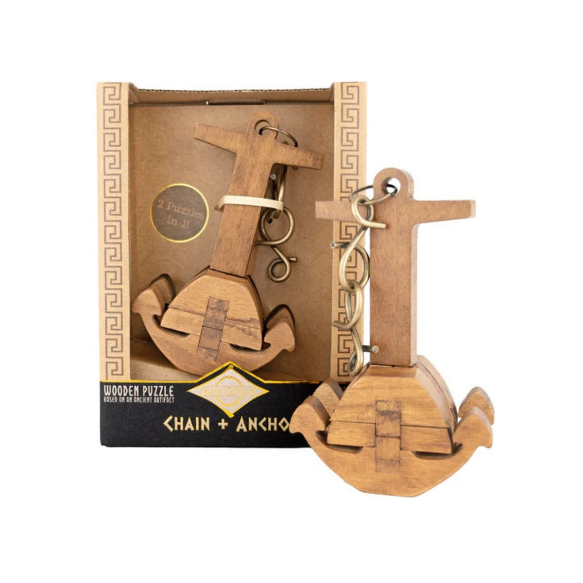 Wooden puzzle anchor and chain set with packaging on a white background