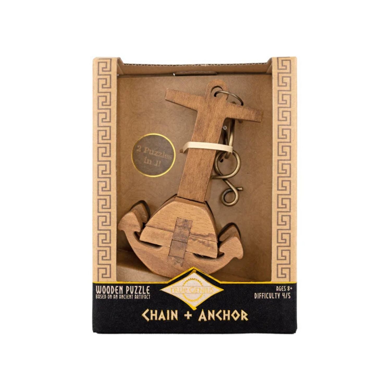 Wooden puzzle toy with chain and anchor design in packaging