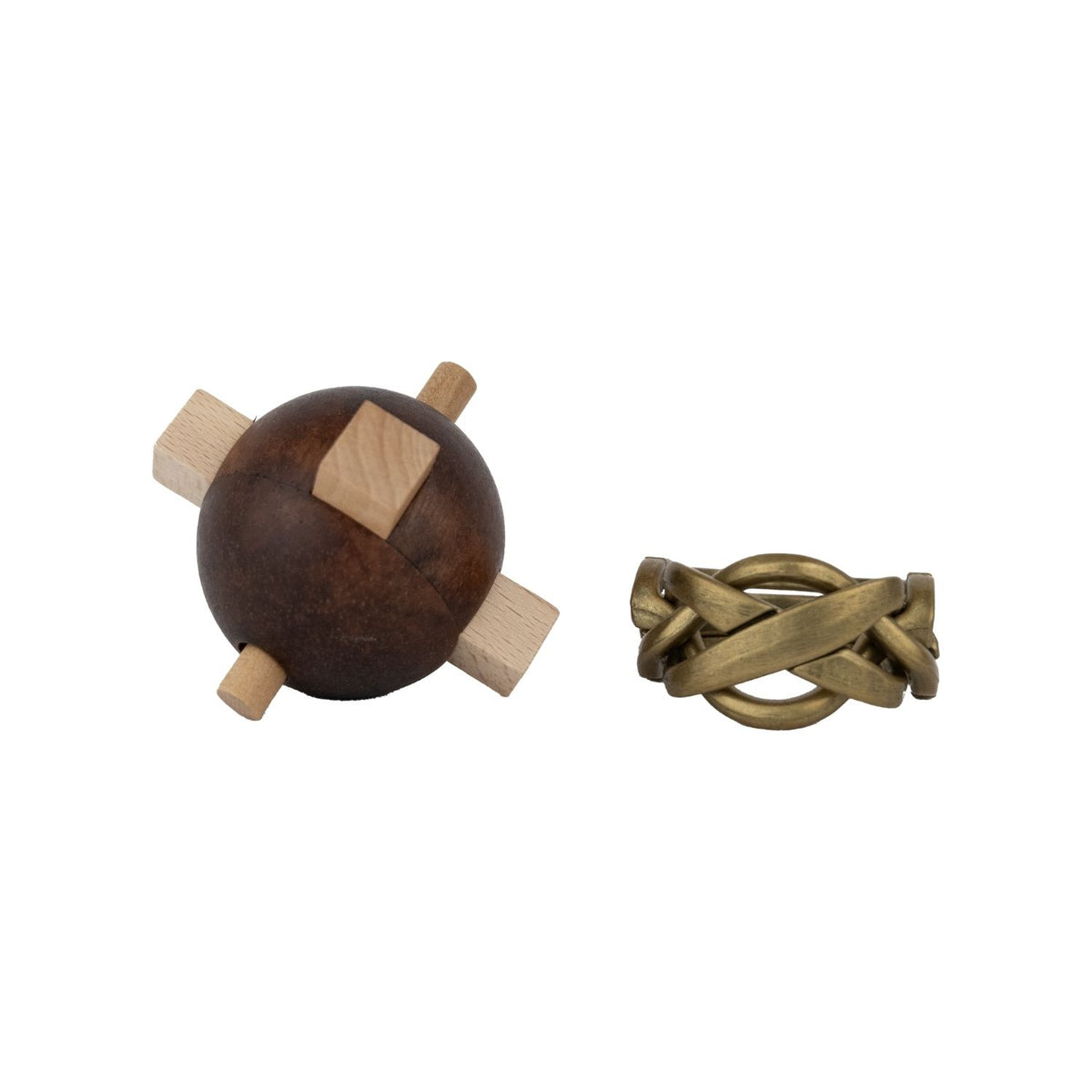 Wooden puzzle ball and braided metal puzzle set showing the two included puzzles