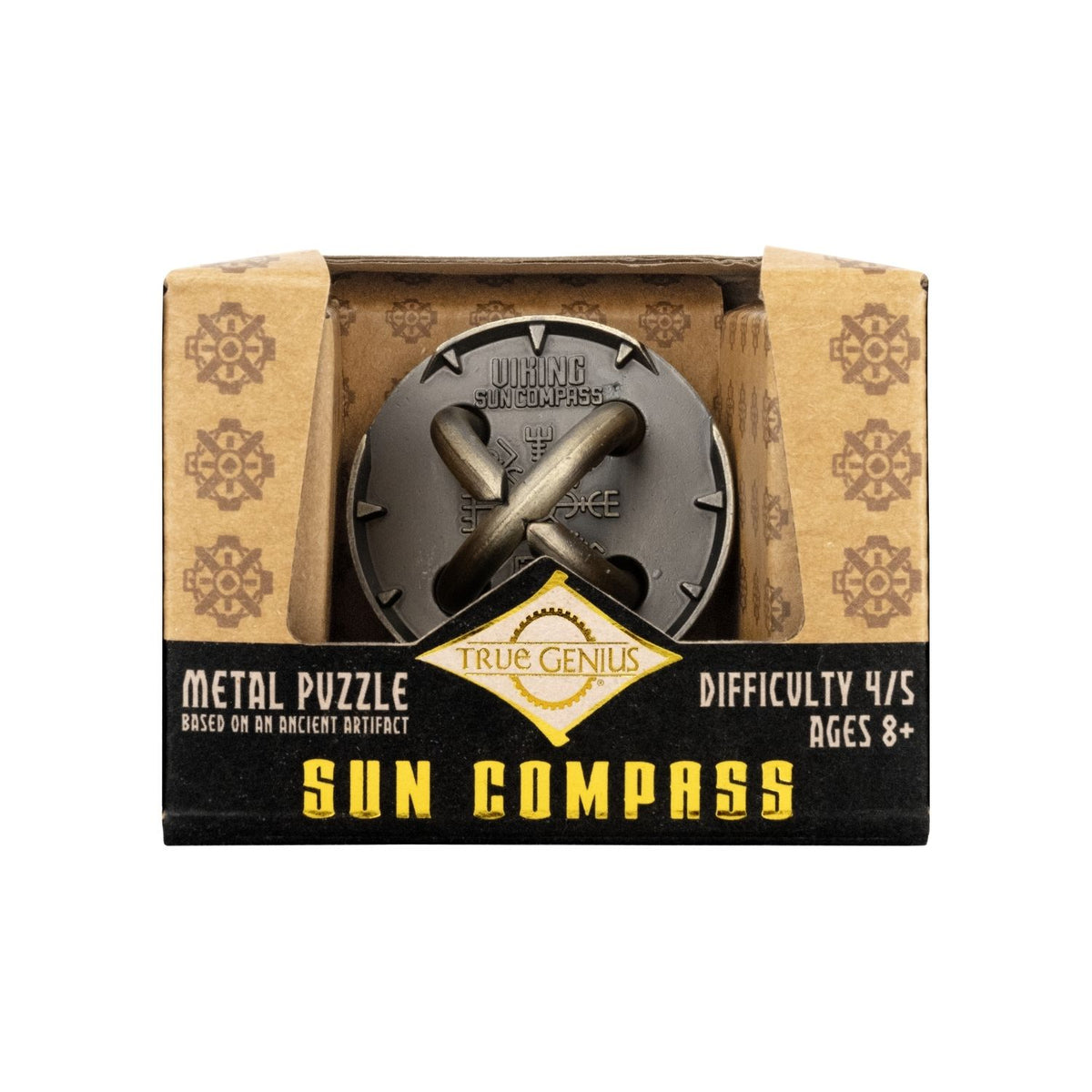 Sun compass metal puzzle with four hemispherical openings and interlocking metal rings for ages eight plus.